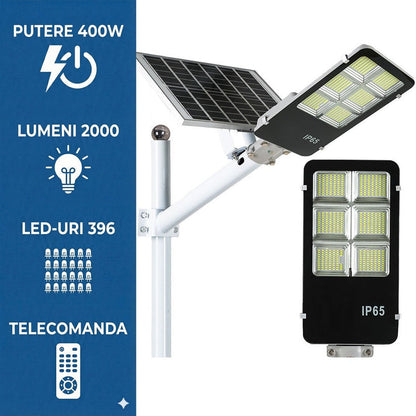 Lampa stradala solara Jortan 400W cu senzor miscare, telecomanda, stalp inclus + CADOU - Auto si moto