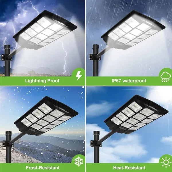 Lampa solara stradala tripla 1000W cu telecomanda, stalp inclus, senzor miscare, IP65 - Sport si timp liber