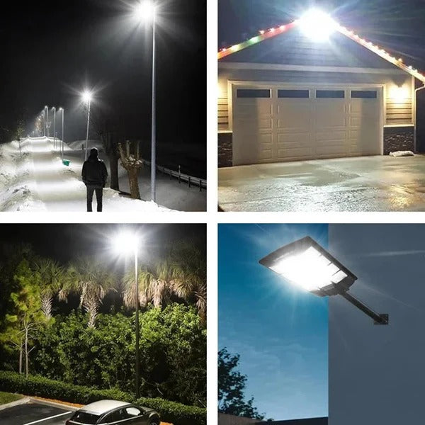 Lampa solara stradala tripla 1000W cu telecomanda, stalp inclus, senzor miscare, IP65 - Sport si timp liber