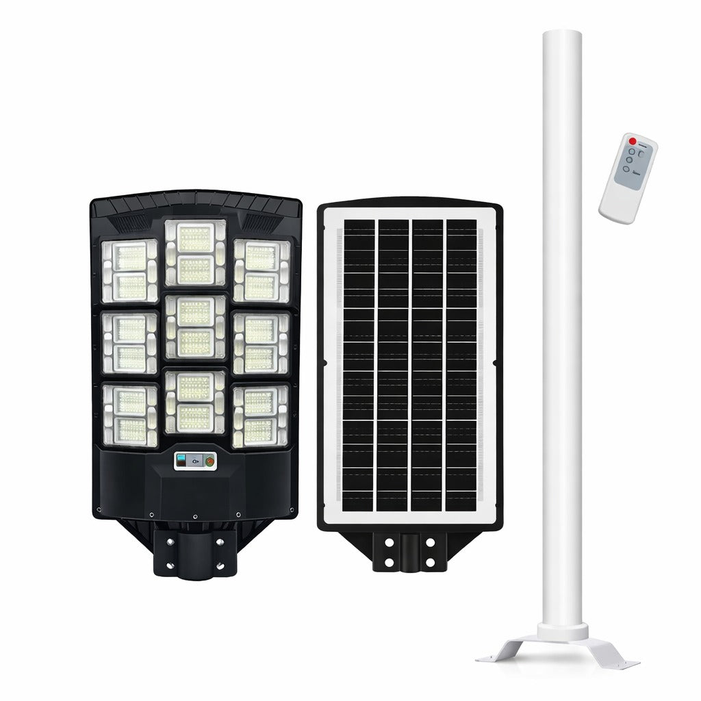 Lampa solara stradala tripla 1000W cu telecomanda, stalp inclus, senzor miscare, IP65 - Sport si timp liber