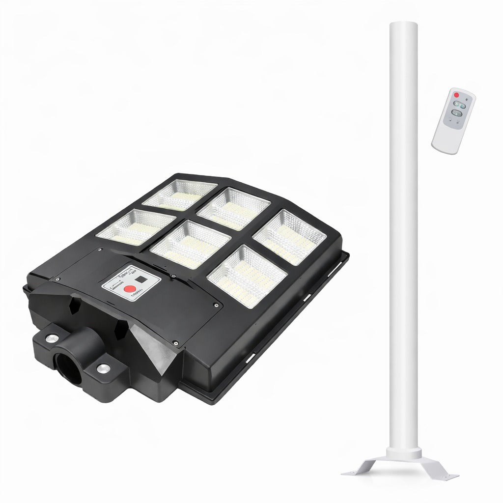 Lampa solara LED 600W cu senzor miscare, panou 18W, stalp inclus, LiFePO4, IP65 - Iluminat