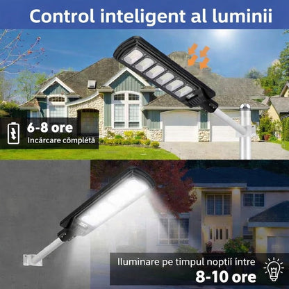 Lampa stradala solara 350W cu senzor miscare, stalp inclus, IP65, telecomanda - Iluminat