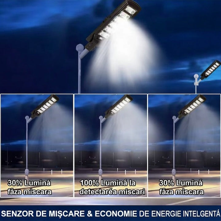 Lampa stradala solara 350W cu senzor miscare, stalp inclus, IP65, telecomanda - Iluminat