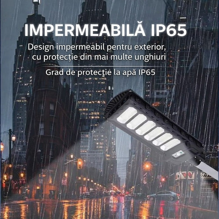 Lampa stradala solara 350W cu senzor miscare, stalp inclus, IP65, telecomanda - Iluminat