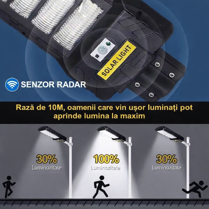 Lampa stradala solara 350W cu senzor miscare, stalp inclus, IP65, telecomanda - Iluminat