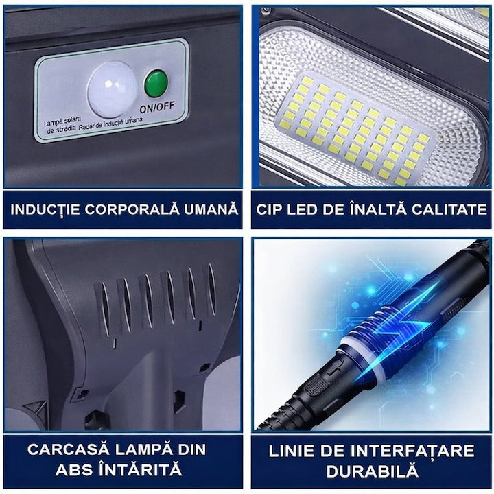 Lampa stradala solara 350W cu senzor miscare, stalp inclus, IP65, telecomanda - Iluminat