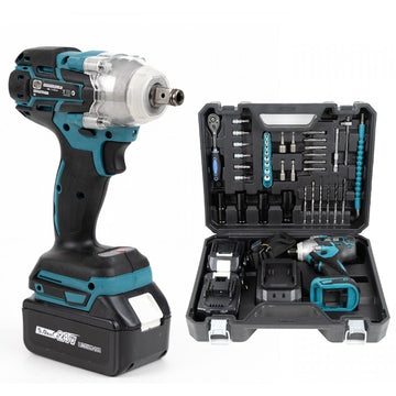 Trusă mașină de înșurubat cu impact – bormașină 36V, 2 acumulatori, 850Nm, 40 accesorii, albastru/negru