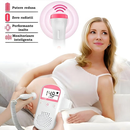 Monitor Fetal Doppler Roz cu LCD – Ascultare Bătăi Inimă Bebeluș, Sondă 3MHz, Reducere Zgomot, Portabil