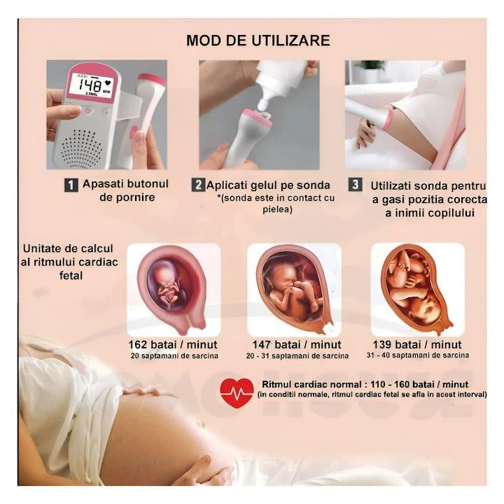 Monitor Fetal Doppler Roz cu LCD - Ascultare Batai Inima Bebelus, Sonda 3MHz, Reducere Zgomot, Portabil - Copii si bebelusi