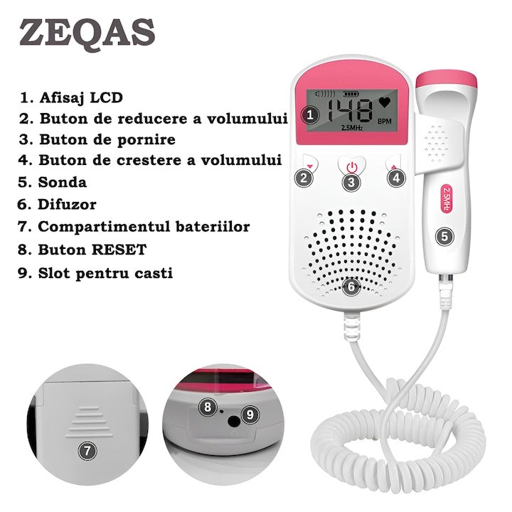 Monitor Fetal Doppler Roz cu LCD – Ascultare Bătăi Inimă Bebeluș, Sondă 3MHz, Reducere Zgomot, Portabil