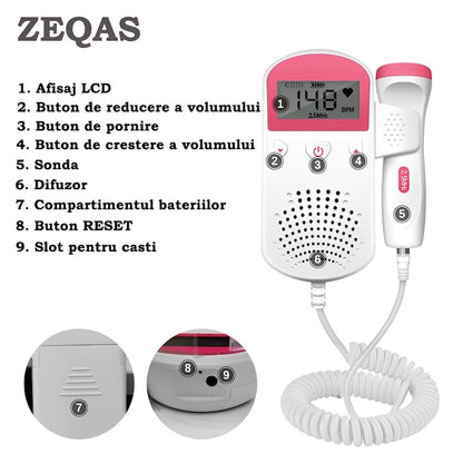 Monitor Fetal Doppler Roz cu LCD – Ascultare Bătăi Inimă Bebeluș, Sondă 3MHz, Reducere Zgomot, Portabil