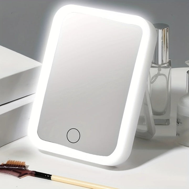 Oglindă cosmetică LED portabilă, 3 niveluri luminozitate, USB, rectangulară 23x17 cm - alb