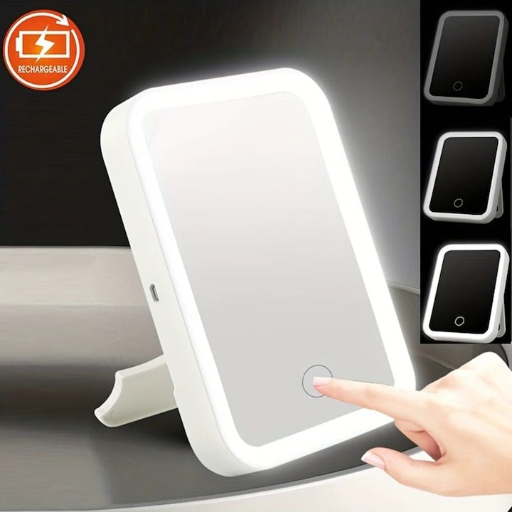 Oglindă cosmetică LED portabilă, 3 niveluri luminozitate, USB, rectangulară 23x17 cm - alb