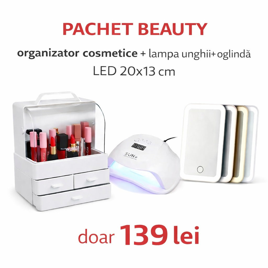 Pachet Beauty 3 in 1 - Organizator Cosmetice + Lampa Unghii UV LED + Oglinda LED 20x13 cm - Doar 139 Lei - Sanatate si