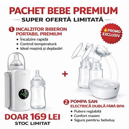 Pachet Bebe 2 in 1 - Incalzitor Portabil Biberoane + Pompa San Electrica Dubla USB - Doar 169 Lei - Copii si bebelusi