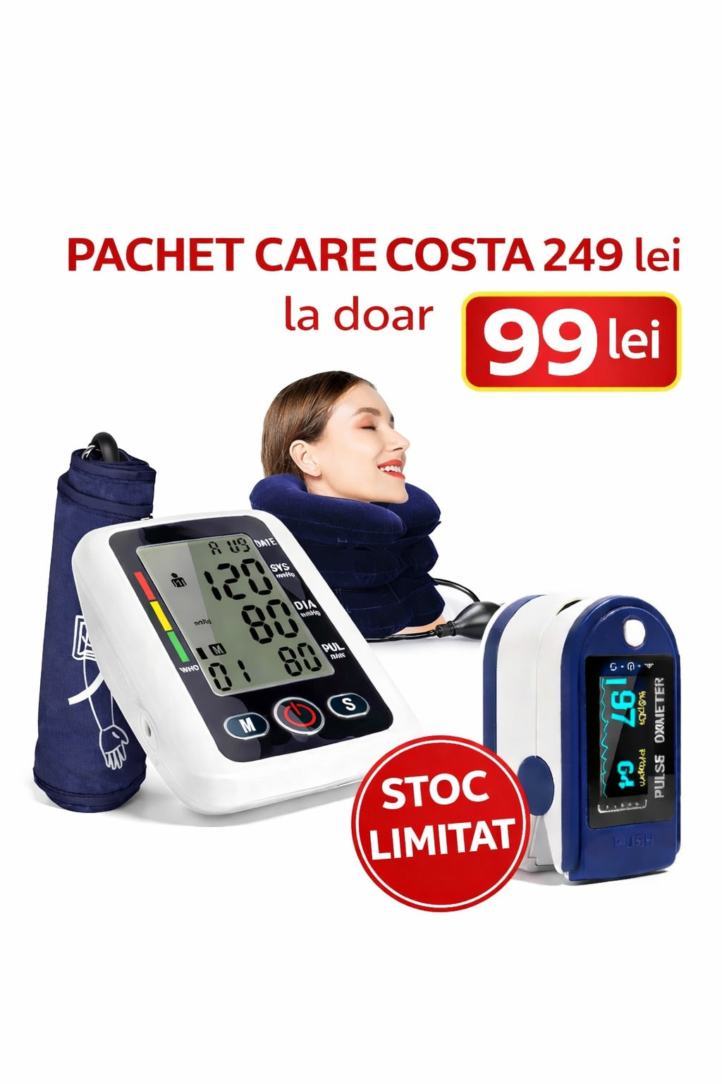 Pachet tensiometru digital + pulsoximetru + guler cervical gonflabil oferta limitata - Sport si timp liber