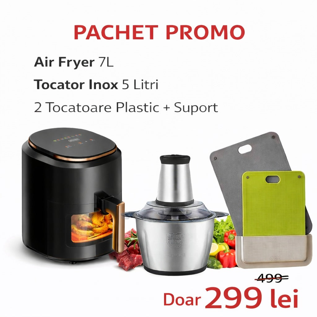 Pachet Promo Bucatarie - Air Fryer 7L + Tocator Electric Inox 5L + 2 Tocatoare Plastic cu Suport - Doar 299 Lei - Bucatarie