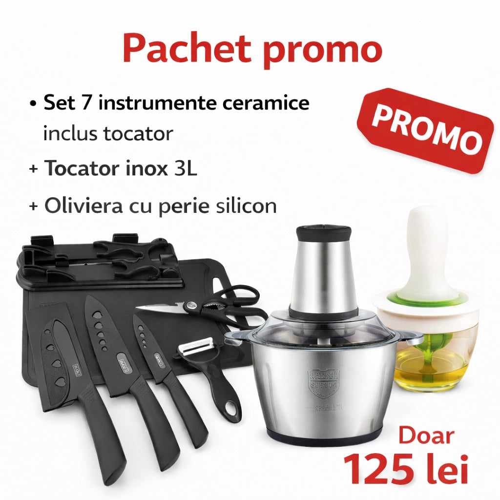 Pachet Promo Bucatarie - Set 7 Instrumente Ceramice cu Tocator + Tocator Inox 3L + Oliviera cu Perie Silicon - Doar 125 Lei