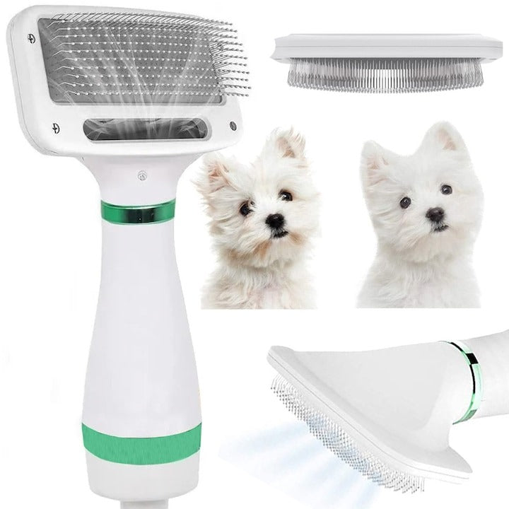 Perie animale 2 in 1 cu uscator - pentru caini/pisici, 3 moduri, zgomot redus, 300W, alb-verde - Sanatate si ingrijire