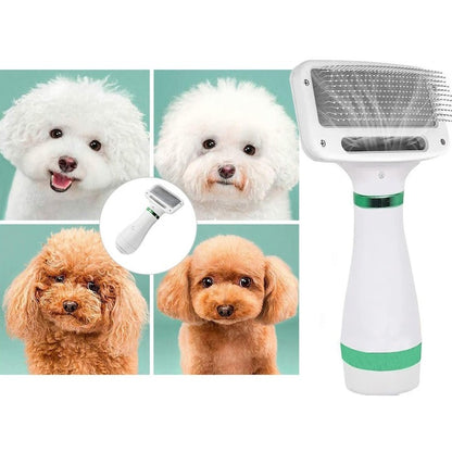 Perie animale 2 în 1 cu uscător – pentru câini/pisici, 3 moduri, zgomot redus, 300W, alb-verde