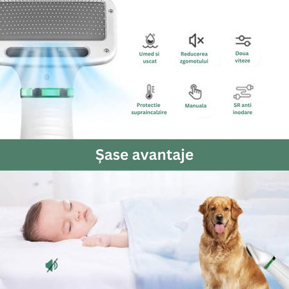 Perie animale 2 în 1 cu uscător – pentru câini/pisici, 3 moduri, zgomot redus, 300W, alb-verde