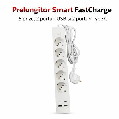 Prelungitor Smart Premium 5 Prize 2 USB 2 Type-C Fast Charge Protectie Supratensiune 2m lungime - Control On/Off - Bucatarie