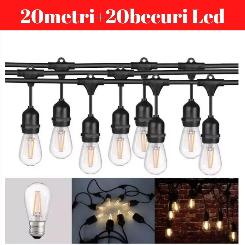 Ghirlanda luminoasa E27 15m 20m 25m LED filament IP65 exterior interconectabila - Iluminat