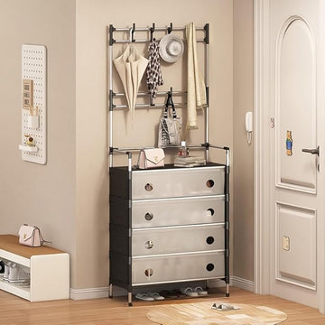 Raft Multifuncțional Hol/Dressing 5 Niveluri cu Bară Umerașe, Dulapuri și Raft Pantofi – Negru & Alb, 180 cm