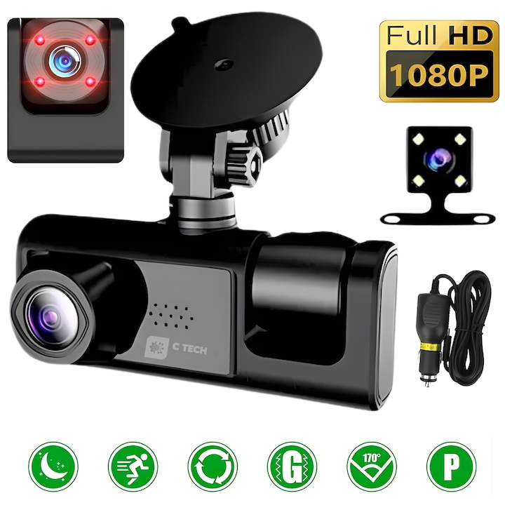 Camera Auto DVR Duala Full HD 1080P - Camera Marsarier, Night Vision, G-Sensor si Protectie Completa La Volan - Auto si moto