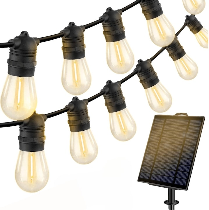 Ghirlanda Solara Premium 10 Metri - 20 Becuri LED Filament, Lumina Calda si Incarcare Solara sau USB - Electronice si