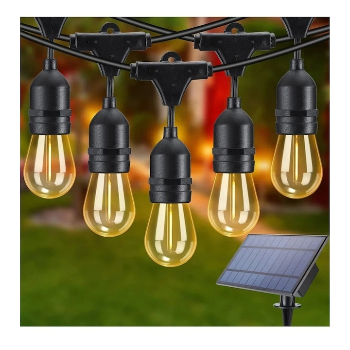 Ghirlanda Solara Premium 10 Metri - 20 Becuri LED Filament, Lumina Calda si Incarcare Solara sau USB - Electronice si