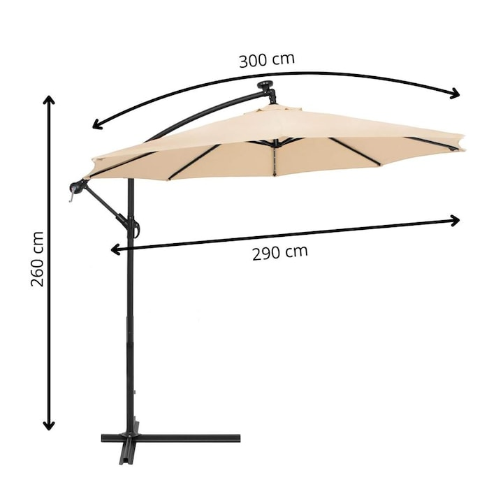 Umbrela Gradina Banana cu LED Solar, Brat Lateral, 300 cm, Crem - Iluminat