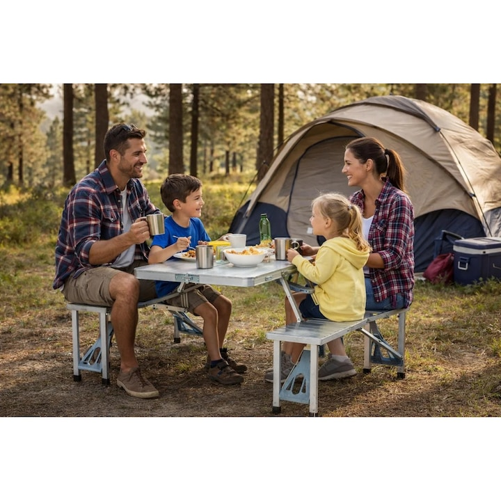Masa Pliabila Camping Cu 4 Scaune Integrate Din Aluminiu Tip Valiza - Auto si moto