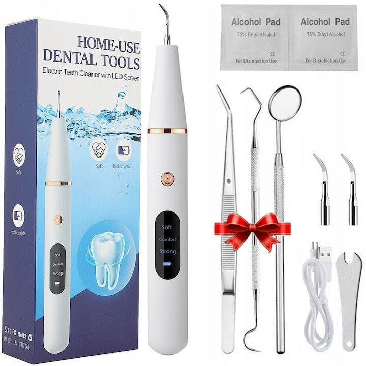 Scaler Ultrasonic Dentar cu LED – 3 Moduri Intensitate, 2 Capete Inox, Curățare Tartru & Placă Acasă