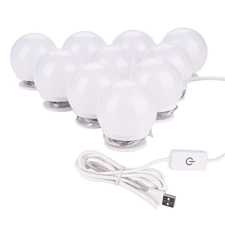 Set 10 becuri LED oglinda machiaj - 3 moduri lumina, 4W, 2m, USB, alb - Electronice si gadgeturi