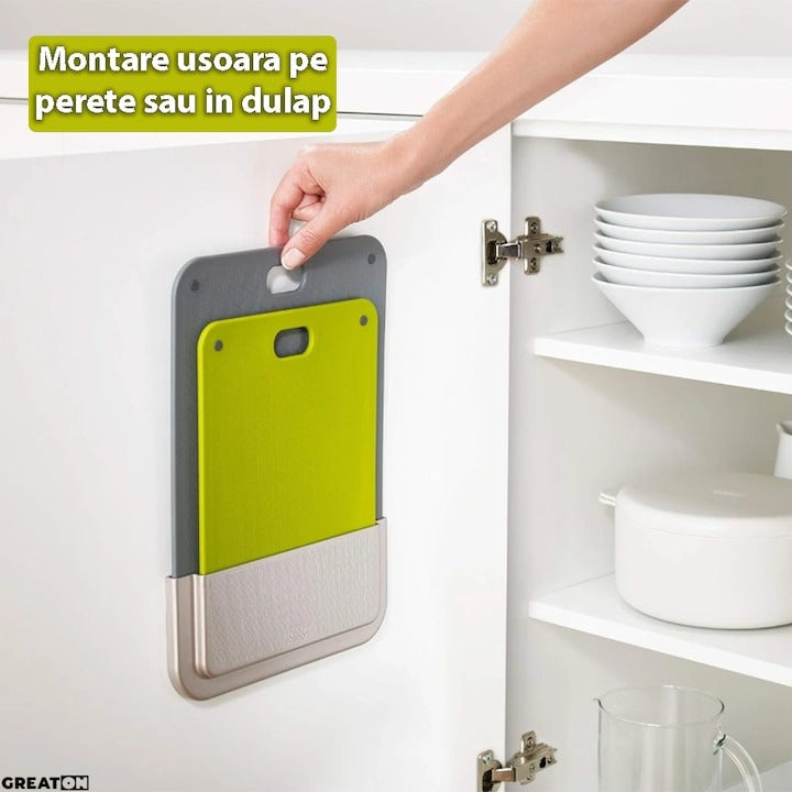 Set 2 tocătoare plastic cu suport – prindere pe perete/dulap, gri-verde