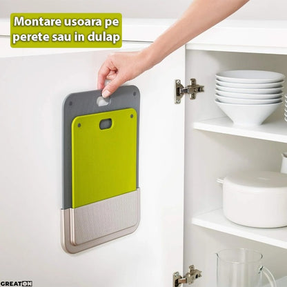 Set 2 tocătoare plastic cu suport – prindere pe perete/dulap, gri-verde