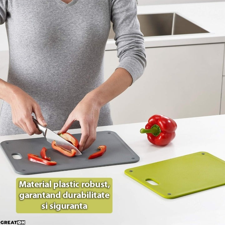 Set 2 tocătoare plastic cu suport – prindere pe perete/dulap, gri-verde