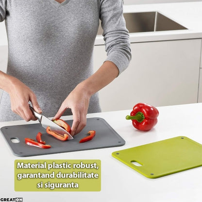 Set 2 tocătoare plastic cu suport – prindere pe perete/dulap, gri-verde