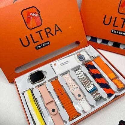 Set Smartwatch ULTRA 7 în 1 cu 7 Curele – Ecran Mare 2.01”, Încărcare Wireless, Design Premium