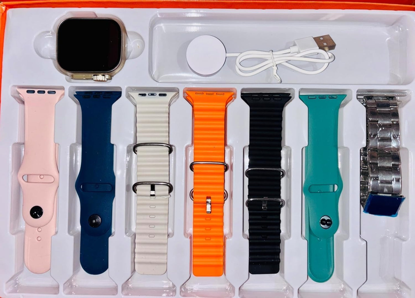 Set Smartwatch ULTRA 7 în 1 cu 7 Curele – Ecran Mare 2.01”, Încărcare Wireless, Design Premium