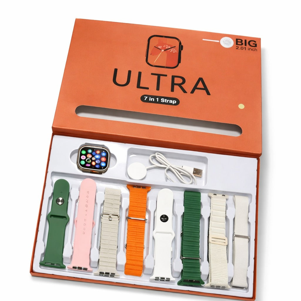Set Smartwatch ULTRA 7 in 1 cu 7 Curele - Ecran Mare 2.01”, Incarcare Wireless, Design Premium - Copii si bebelusi