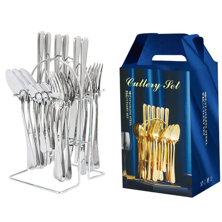 Set Tacâmuri 24 Piese din Oțel Inoxidabil – Design Elegant, Argintiu, cu Cutie Cadou