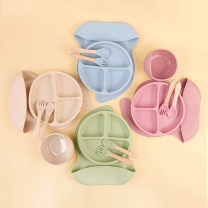 Set silicon bebeluși 5 piese – farfurie compartimentată, bol anti-alunecare, bavetă și tacâmuri din lemn | BPA Free, design elegant
