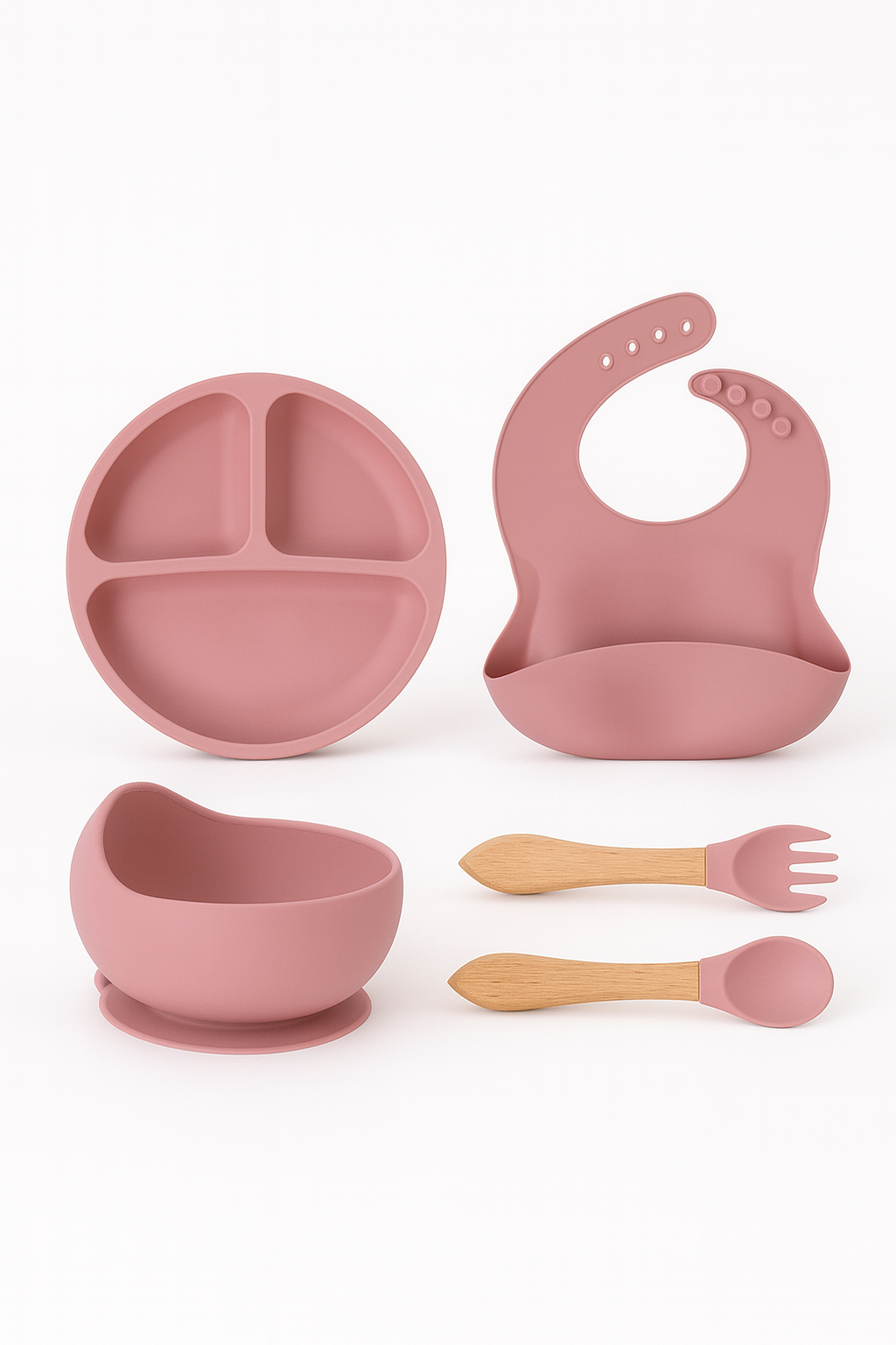 Set silicon bebeluși 5 piese – farfurie compartimentată, bol anti-alunecare, bavetă și tacâmuri din lemn | BPA Free, design elegant