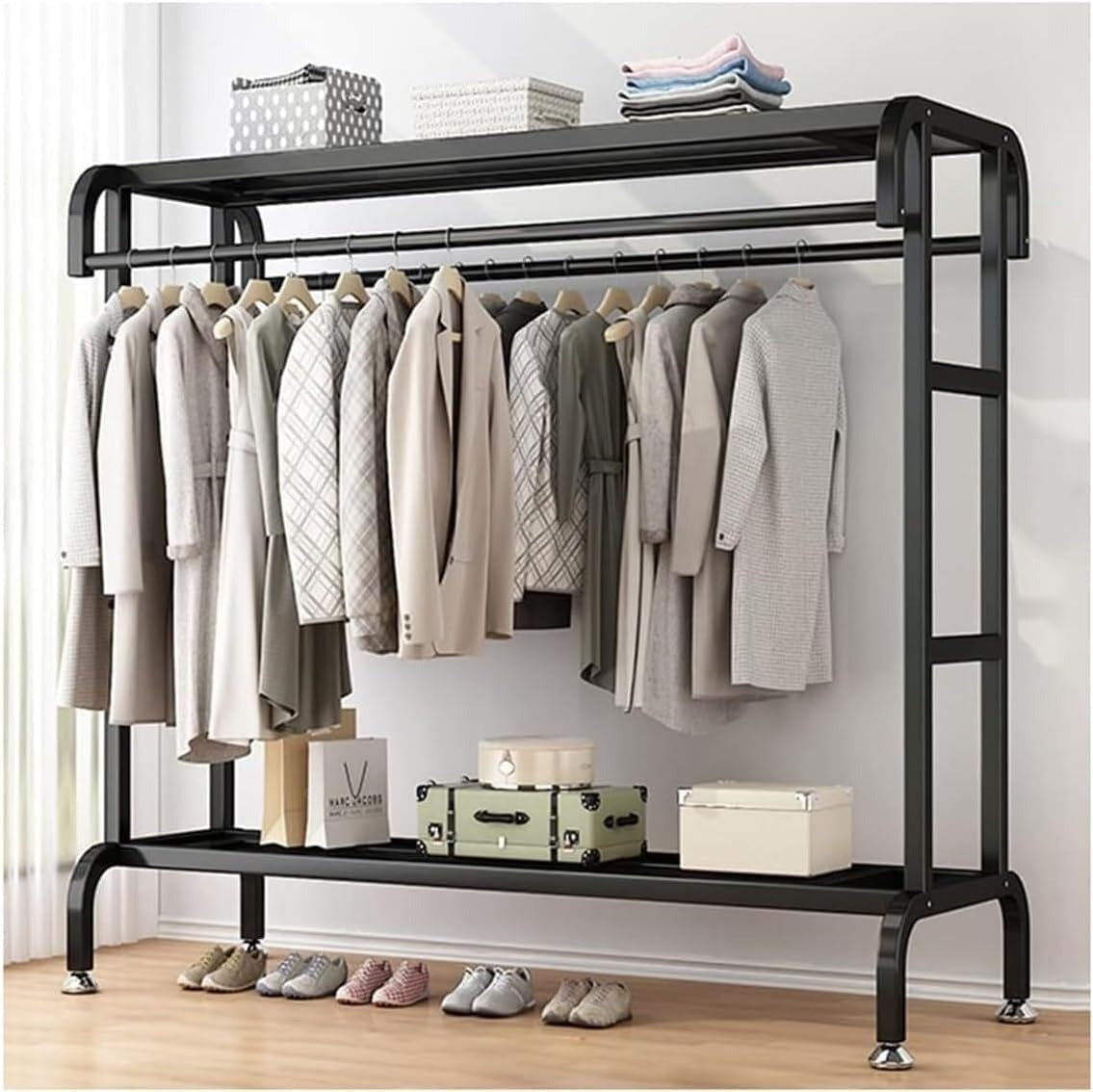 Portant Haine Dublu Metalic cu Raft Superior & Inferior – Suport Umerașe Robust, Negru, 145 cm