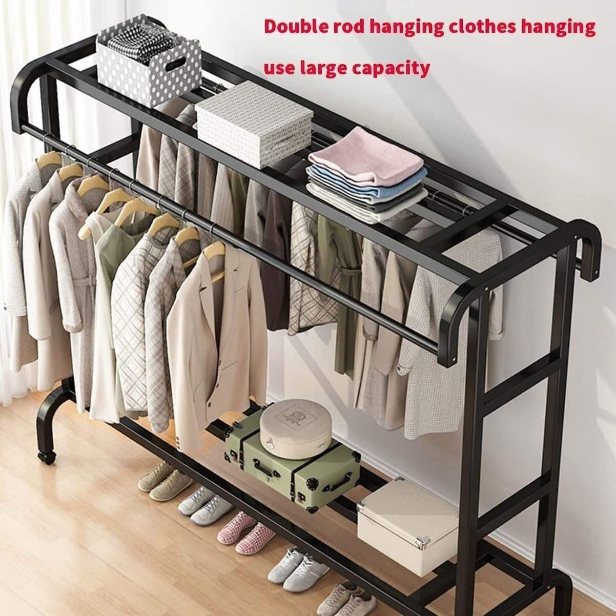 Portant Haine Dublu Metalic cu Raft Superior & Inferior - Suport Umerase Robust, Negru, 145 cm - Mobilier si organizare