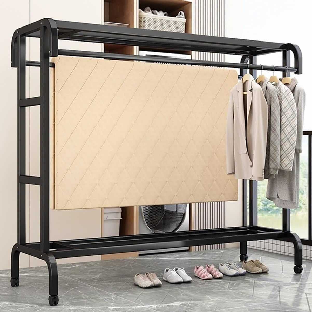 Portant Haine Dublu Metalic cu Raft Superior & Inferior – Suport Umerașe Robust, Negru, 145 cm