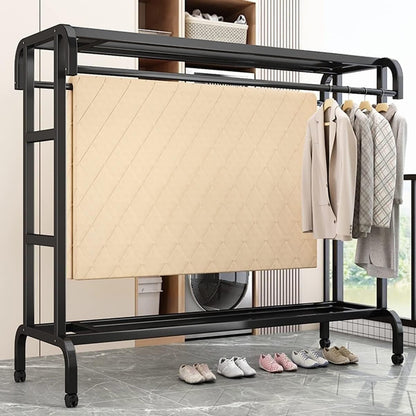 Portant Haine Dublu Metalic cu Raft Superior & Inferior – Suport Umerașe Robust, Negru, 145 cm