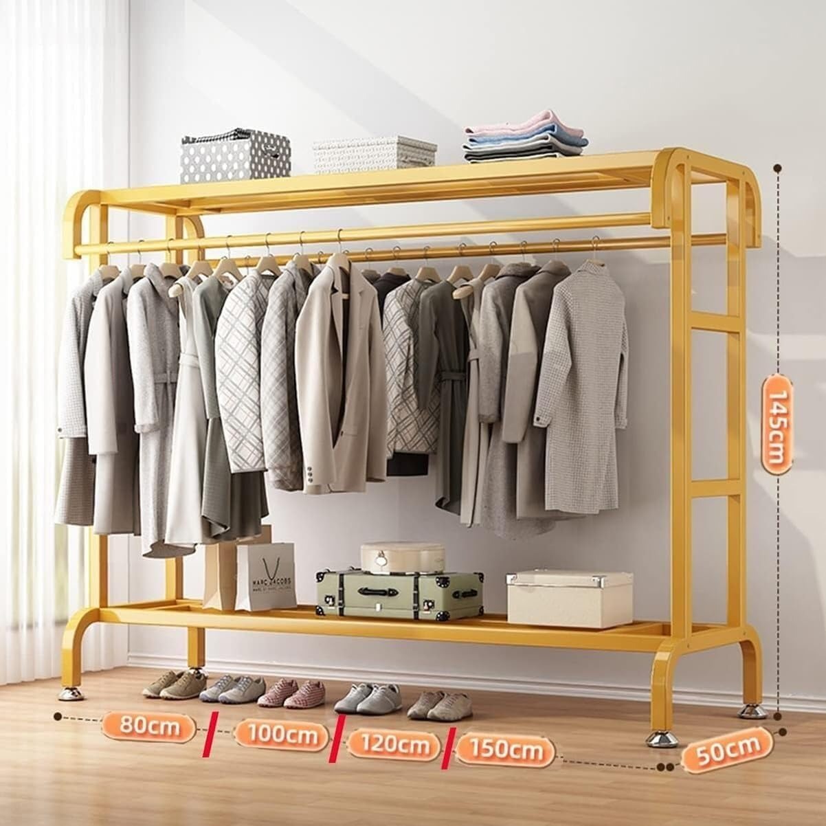 Portant Haine Dublu Metalic cu Raft Superior & Inferior - Suport Umerase Robust, Negru, 145 cm - Mobilier si organizare